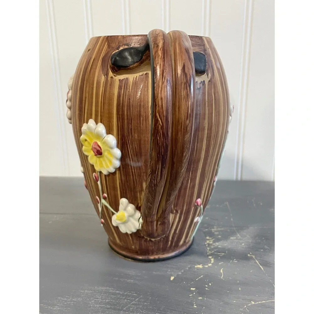 Vintage Hand Painted Italy Ceramic Floral Pitcher Brown‎ Wood Grain 3D Daisy Jug